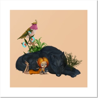 Little fairy with awesome black wolf Posters and Art